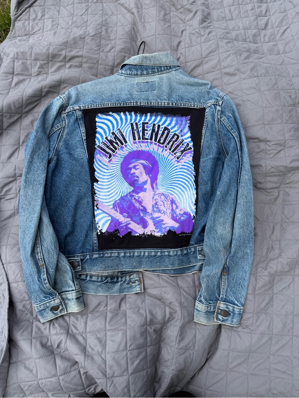 Levi's Light Blue Denim Jacket with Purple Jimi Hendrix concert shirt sawn on.
